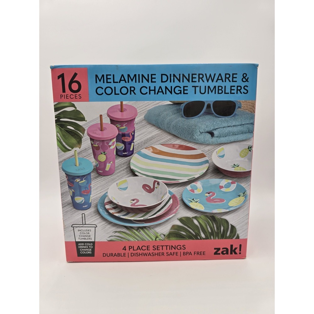 ZAK! 16pc Pink Flamingo Summer Melamine Color Change Tumblers Dinner Set